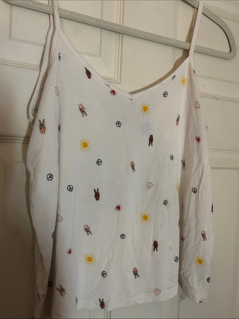 White Sun & Peace Sign Stretchy Spaghetti Strap Tank- EUC Small